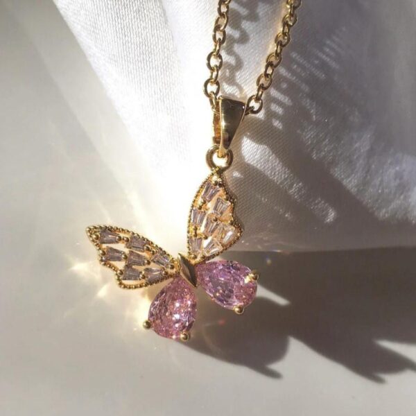 Pink Crystal Butterfly Anti Tarnish Necklace